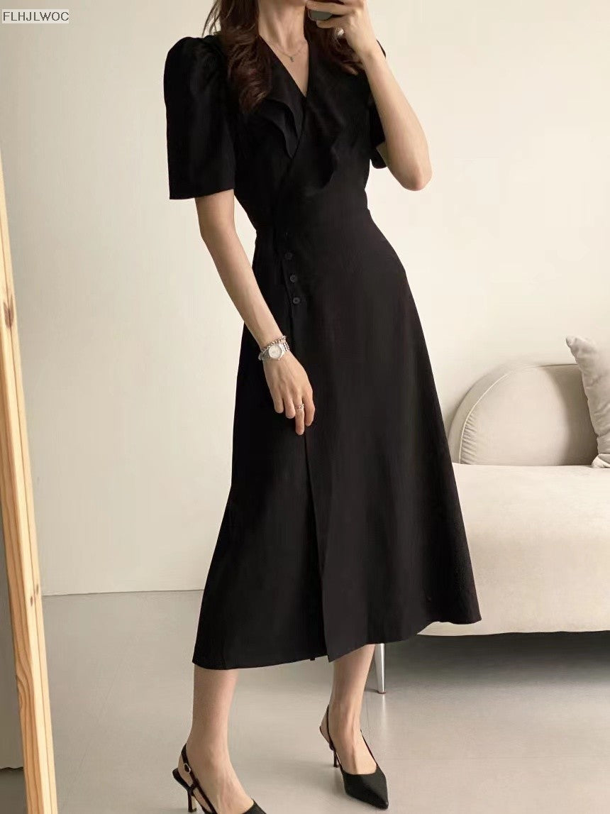 South Korea Chic Midi Dress Women Summer Japan Style Retro Vintage Design Ruffle
