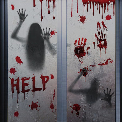 ?W?Halloween Stickers Horror Blood Hand Print Door Stickers Window Bathroom Shadow Glass Female Ghost Wall Decal Halloween Decor