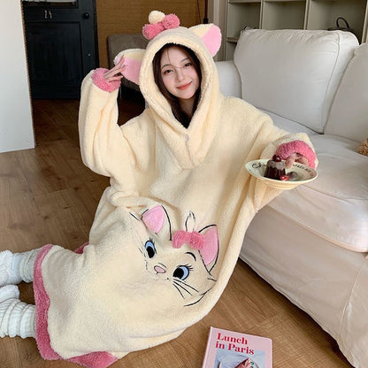 Camisola de Gatinha Marie da Disney Kawaii Desenho Animado Feminino Inverno Veludo Coral Longo Veludo Grosso Solto com Capuz Robe de Banho