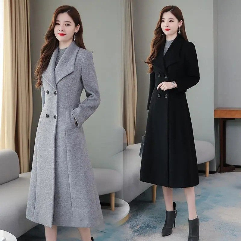 Plus Size Women's Overcoat Long Thickened Woolen Coat Long Collar Slim Fit Waist Cinched Outerwear Spring Autumn New Style Ho...