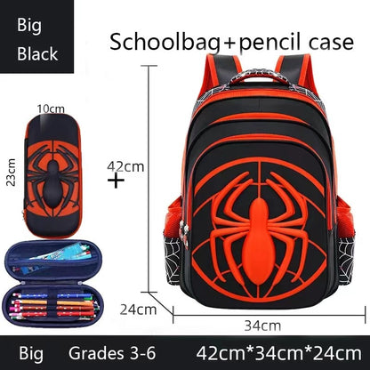 Mochila Escolar Infantil Masculina Fashion Padrão Aranha Vermelha e Preta Com Estojo Conjunto Bolsa Boutique Infantil Masculina