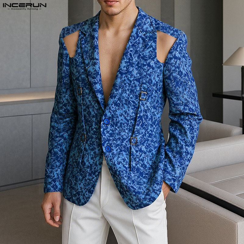 INCERUN Men Blazer Printing Hollow Out Lapel Long Sleeve Male Suit Streetwear Elegant Fashion Casual Thin Coats Men Blazer S-5XL