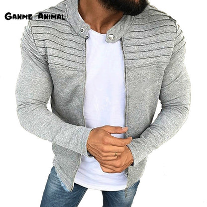 Autumn Sports Casual Men Jacket Men's Pleats Slim Stripe Fit Jacket Zipper Long Sleeve Coat Cardigan Coat