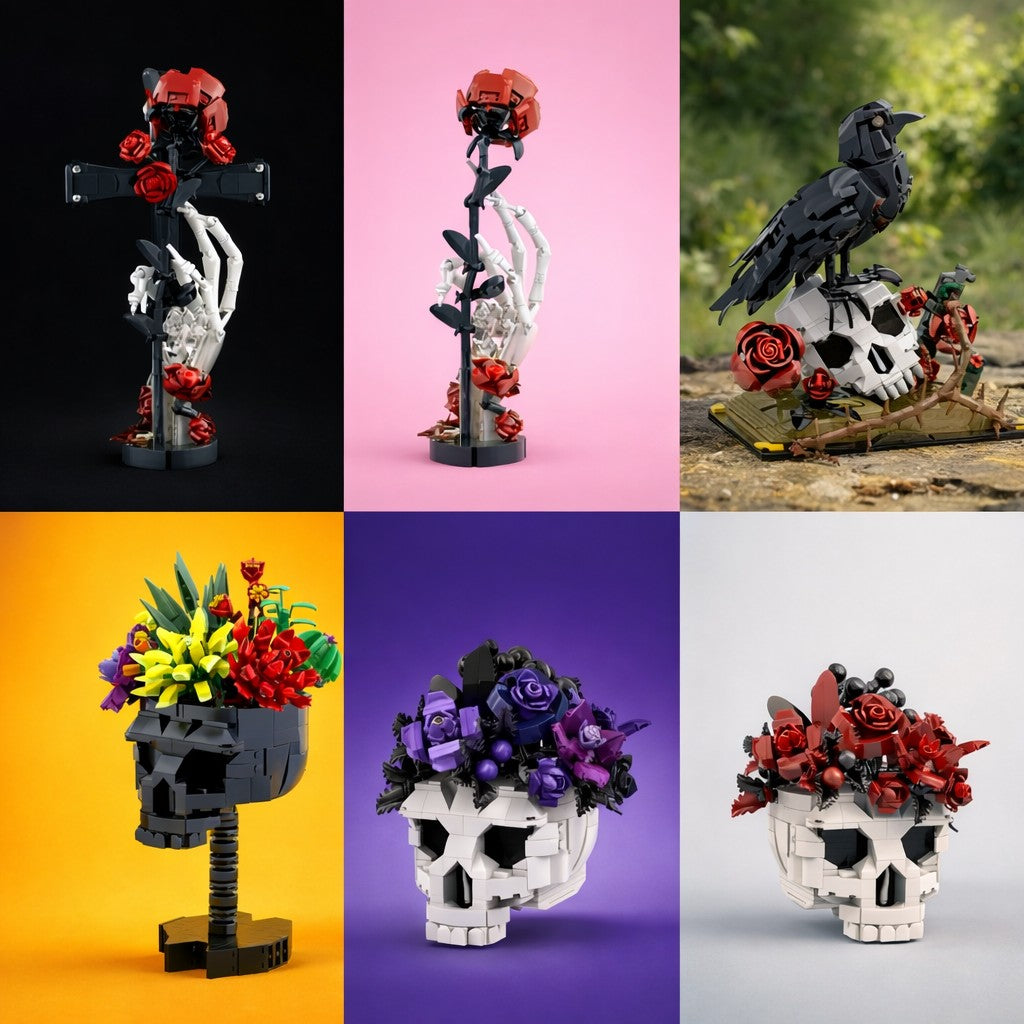 Conjunto de Blocos de Montar Crânio Gótico com Flores MOC, Decoração de Mesa Floral para Halloween, Modelo DIY, Presente Criativo para Adultos e Crianças