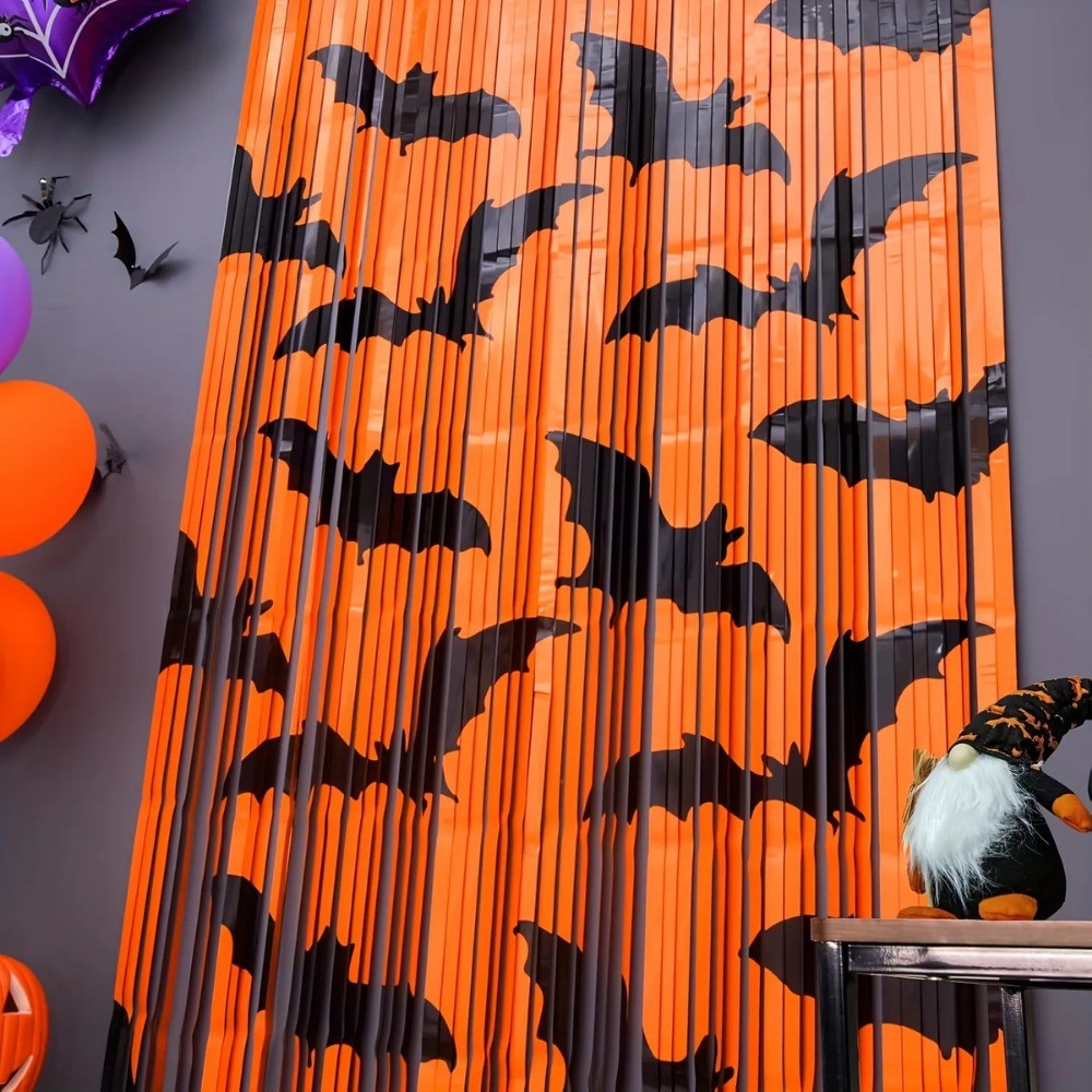 1Pc Black Bat Pattern Orange Foil Fringe Backdrop, Halloween Themed Photo Booth Background Decor For Holiday Party Supplies