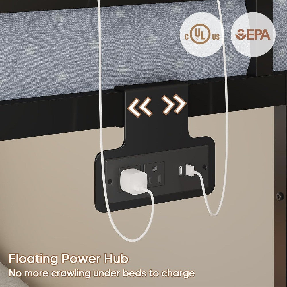 Low Bunk Bed Twin Over Twin with Storage Staircase, Drawers & Shelves, RGB LED Lights Metal Floor Bunk with Power Outlet