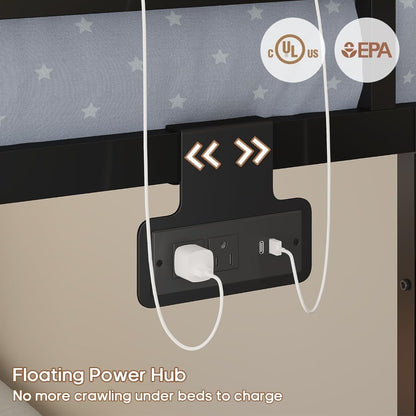 Low Bunk Bed Twin Over Twin with Storage Staircase, Drawers & Shelves, RGB LED Lights Metal Floor Bunk with Power Outlet