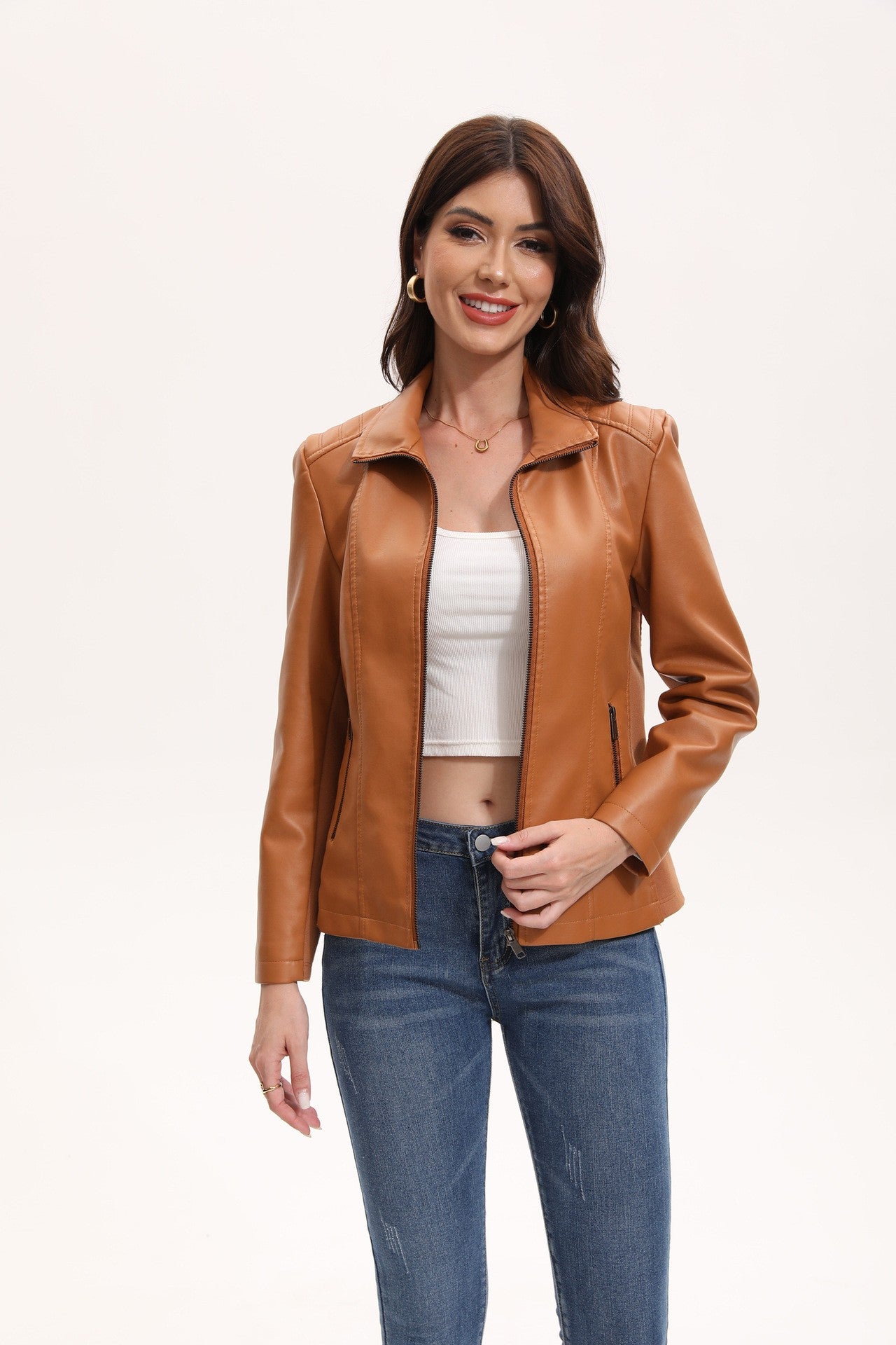 2025 Women’s Stylish Brown Faux Leather Jacket - Slim Fit, Trendy Moto Style with Zipper Detail PU Coat.