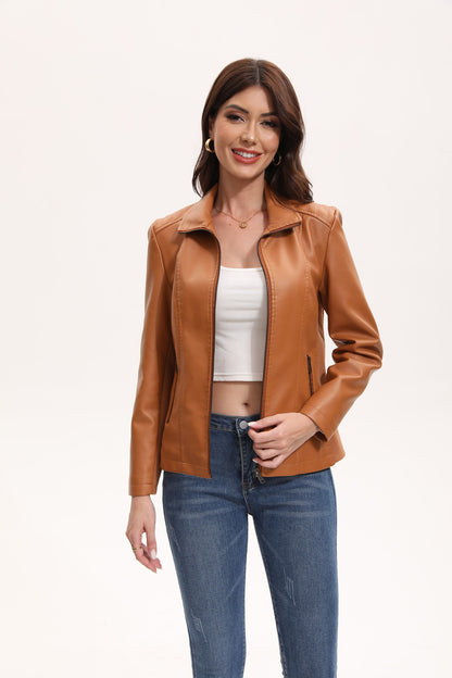 2025 Women’s Stylish Brown Faux Leather Jacket - Slim Fit, Trendy Moto Style with Zipper Detail PU Coat.
