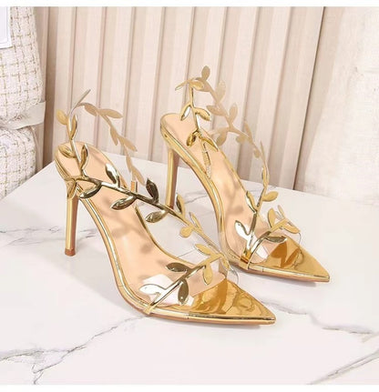 2024 Summer Fashion Patent Leather Gold Leaf Women Sandals Elegant Pointed toe Thin High heels Gladiator Sandalias Party Shoes
