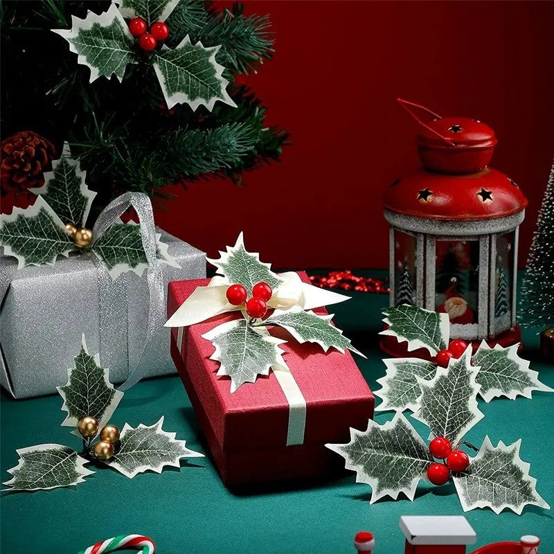 5-100Pcs Artificial Holly Berry Green Leaves Christmas Ornaments Gold Red Holly Berry Stems Xmas Tree Wreath Gifts Party Decor