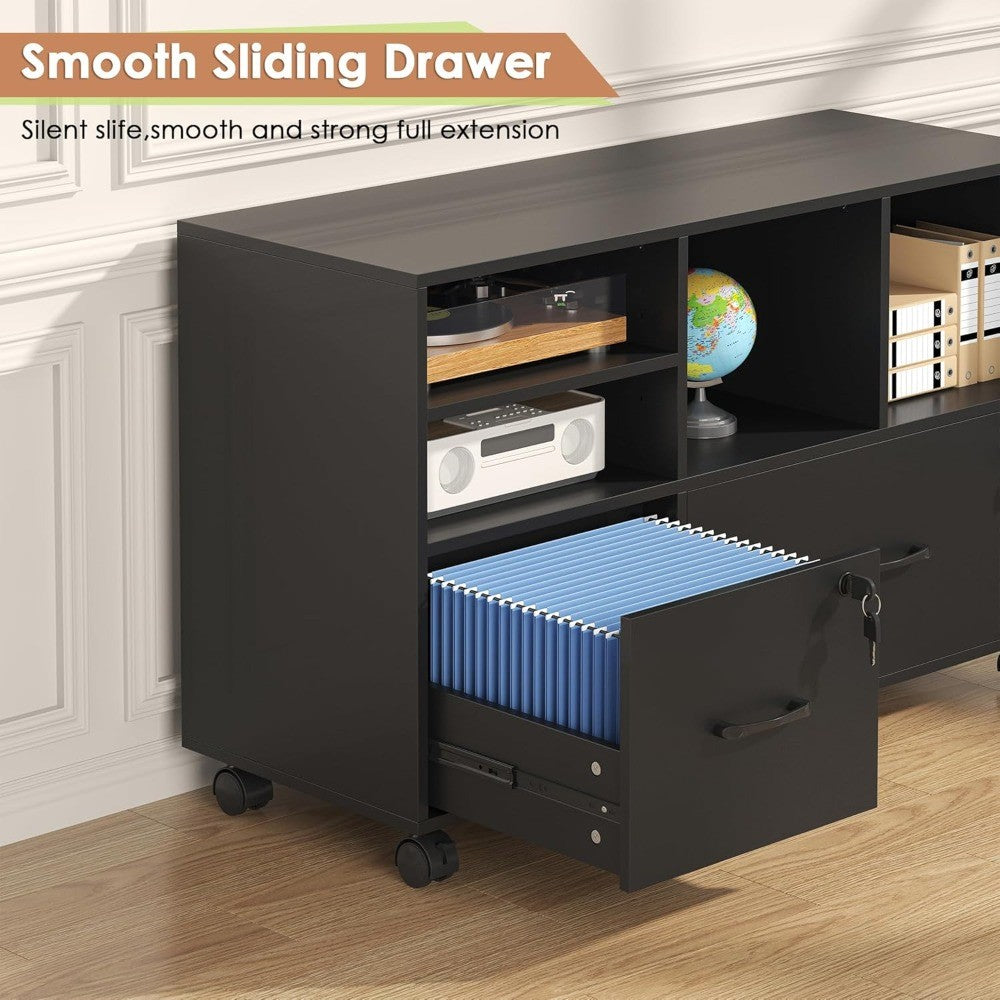 Wood Lateral File Cabinet with Lock,Lockable Rolling Filing Cabinet with Adjustable Storage Shelves,Printer Stand Office Storage