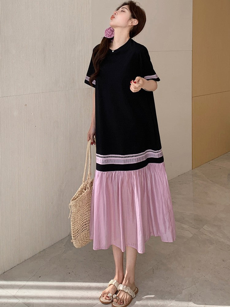 NYFS 2025 Summer Dress Loose plus Size Black Patchwork Pink Hem Long Dresses Robe Elbise Short Sleeve Korean Style Woman Dress