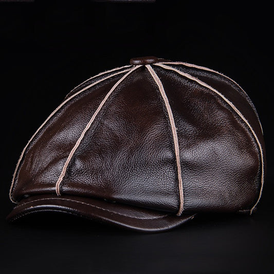 Men's Beret 100% Genuine Leather Head Layer Cowhide Outdoor Warm Octagonal Cap Waterproof Soft Wear Four Seasons Appropriate