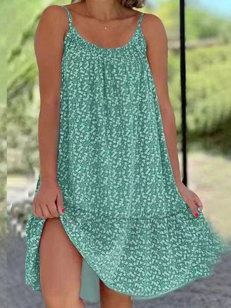 2025 Summer New Cross border Amazon European and American Leisure Style Printed Sleeveless Large Swing Strap Dress