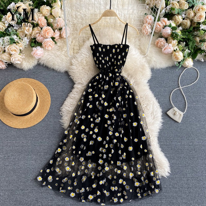 YuooMuoo Korean Fashion Daisy Flower Print Mesh Party Dress Summer Two Layers Sp