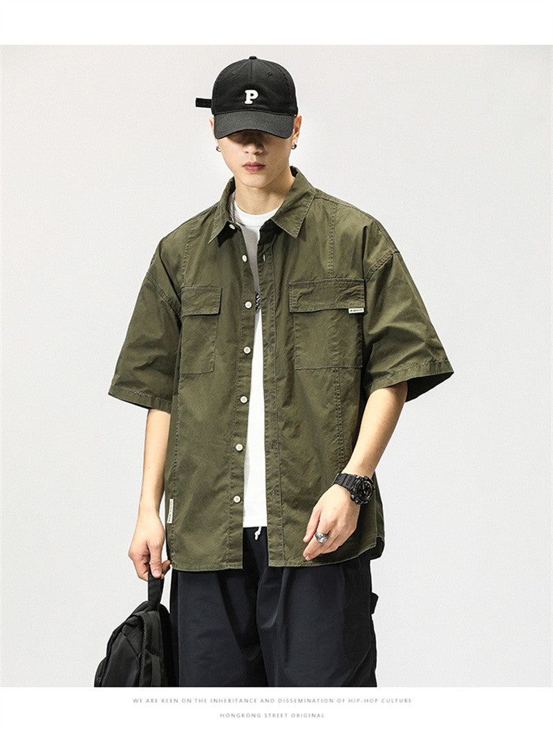 Summer Japanese Cargo Short Sleeve Shirt Men's Pockets Button Turn-down Collar Shirts Fashion Casual Cardigan blouses Tops