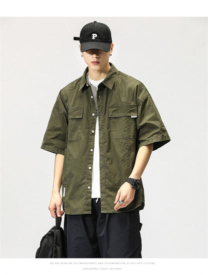 Summer Japanese Cargo Short Sleeve Shirt Men's Pockets Button Turn-down Collar Shirts Fashion Casual Cardigan blouses Tops