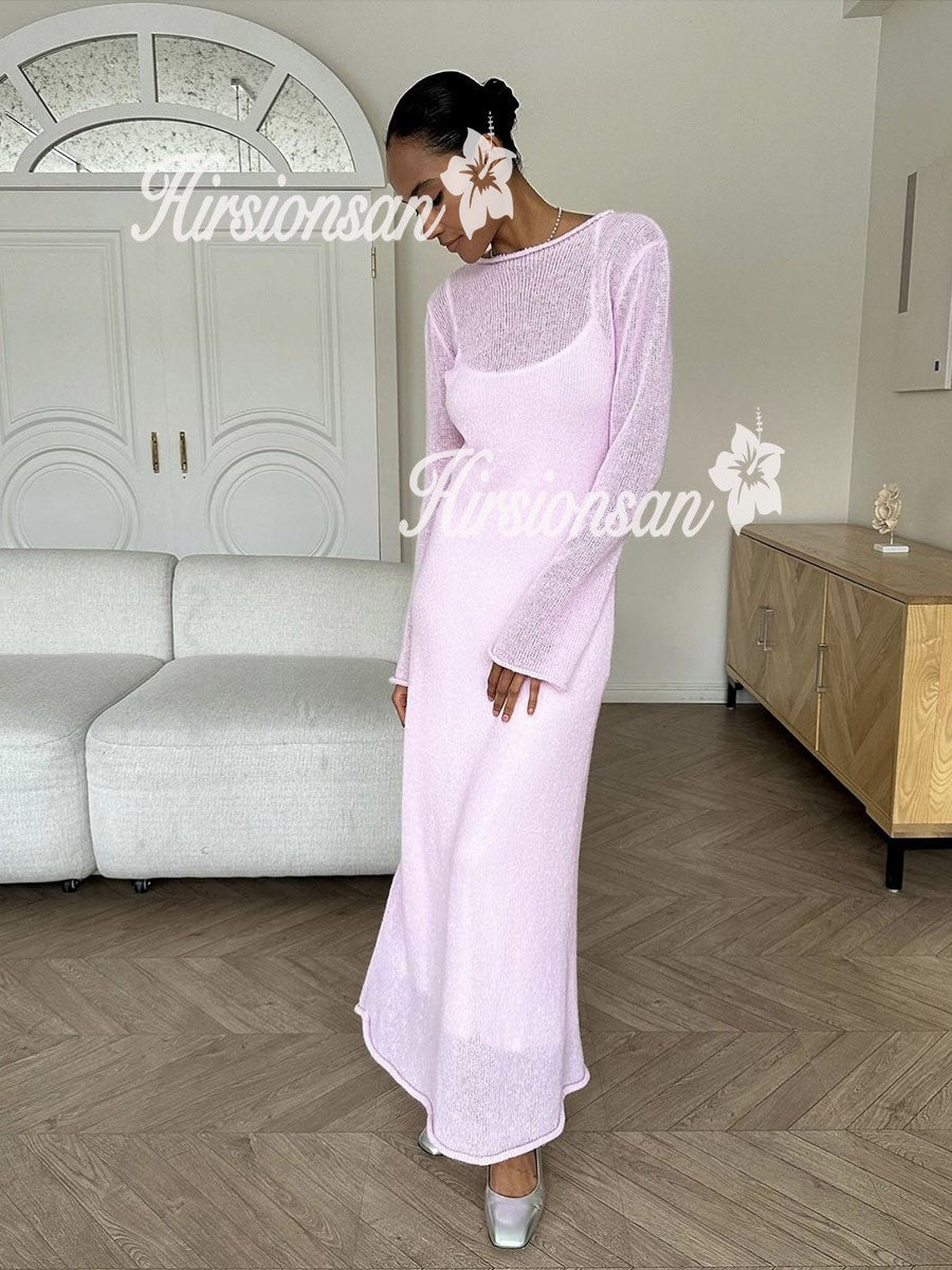 Hirsionsan Spring Autumn O-Neck Elastic Knit Long Dresses Women 2024 Elegant Chi