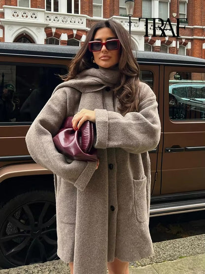 Women's Fashion Scarf Short Knit Coat Jacket Loose Warm Long Sleeve Two Pieces Solid Color High Street O-Neck Outerwear