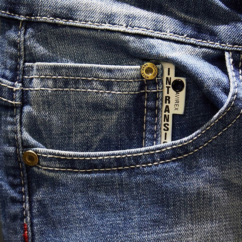 American Elastic Straight Jeans Men Ripped Worn-out Slim-fit Cotton Denim Pants Korean Style Fashion Blue Black Men's Clothing