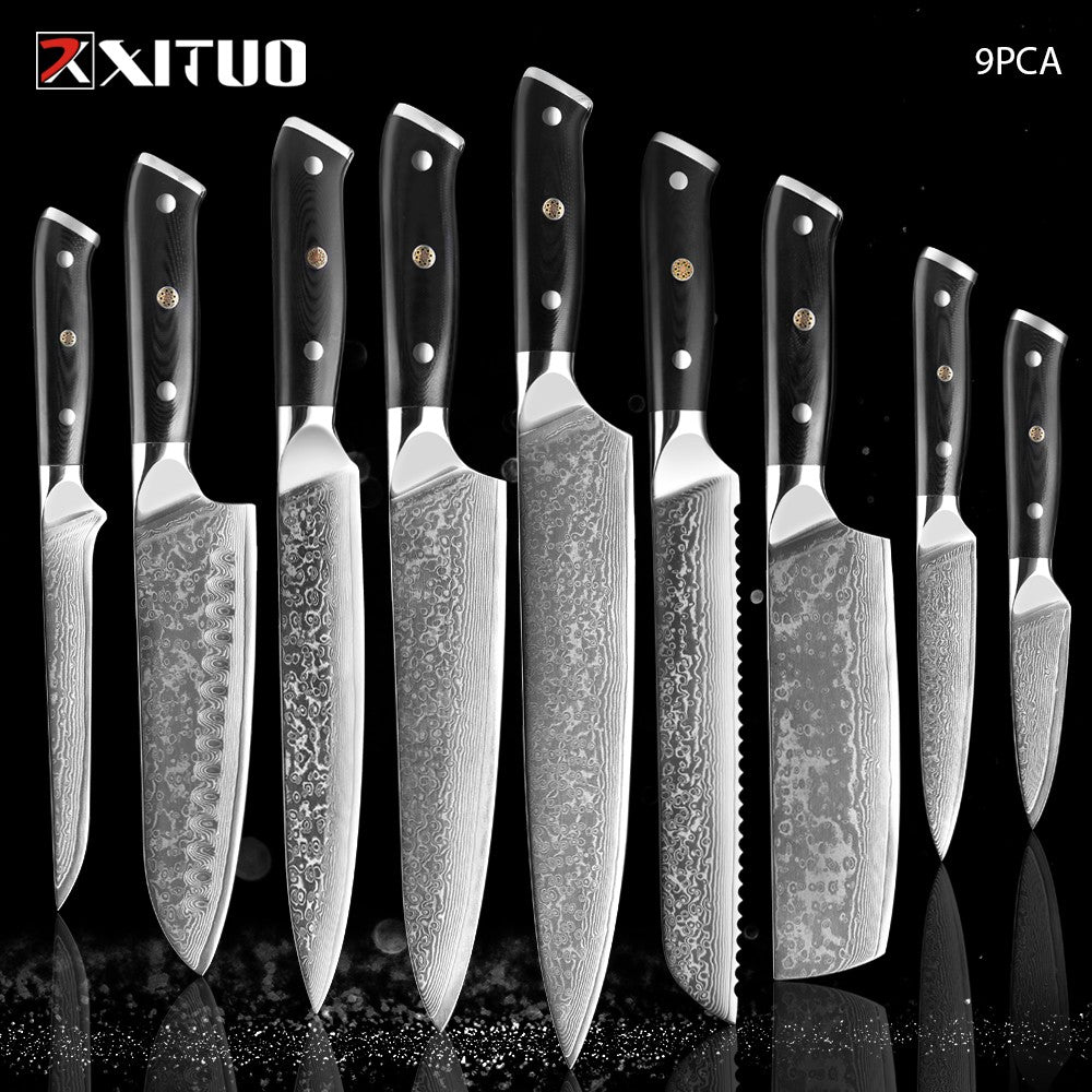 1-9 PCS Chef Knife Set Damascus Steel Kitchen Knives Razor Sharp Cleaver,Paring,Bread,Boning,Chef Special Knife With G10 Handle