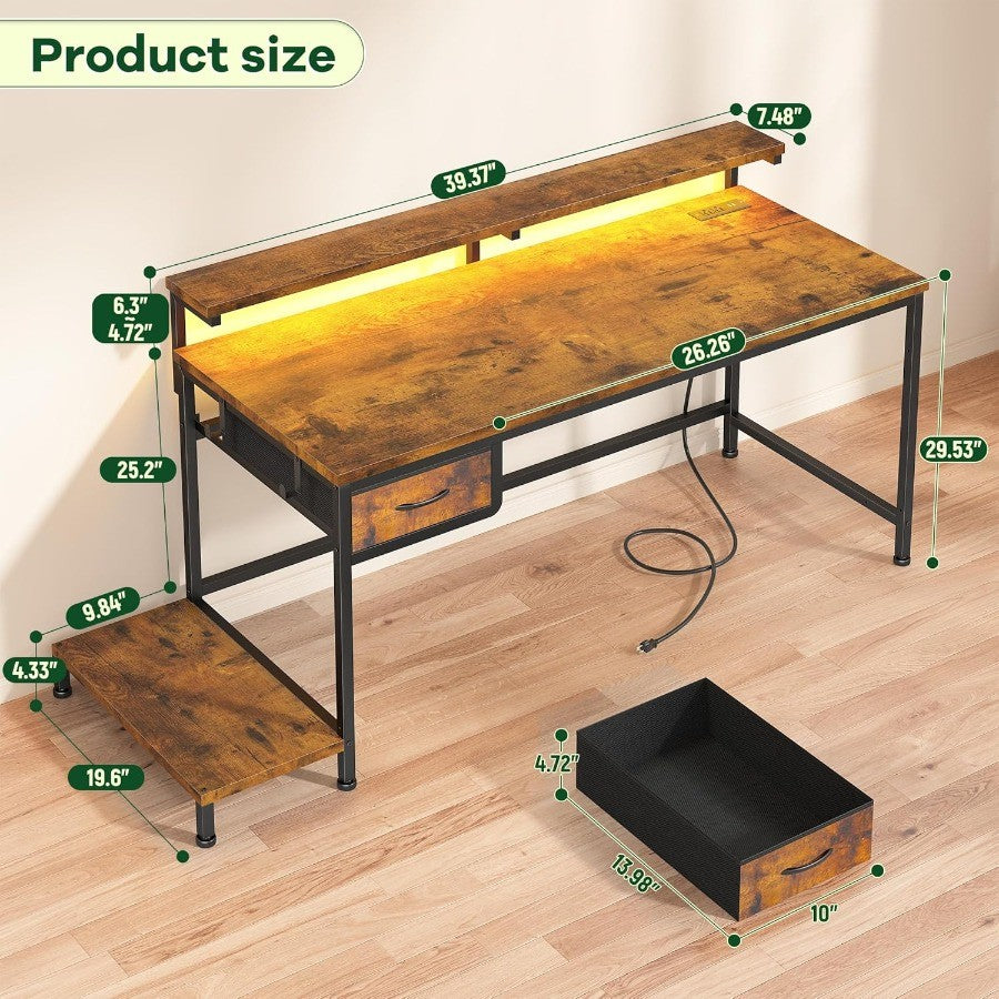 Mesa de Escritório de 99,8 cm com Tomada Embutida e Gaveta para Pequenos Espaços, Mesa Gamer com Suporte de CPU e Luzes LED Ergonômica