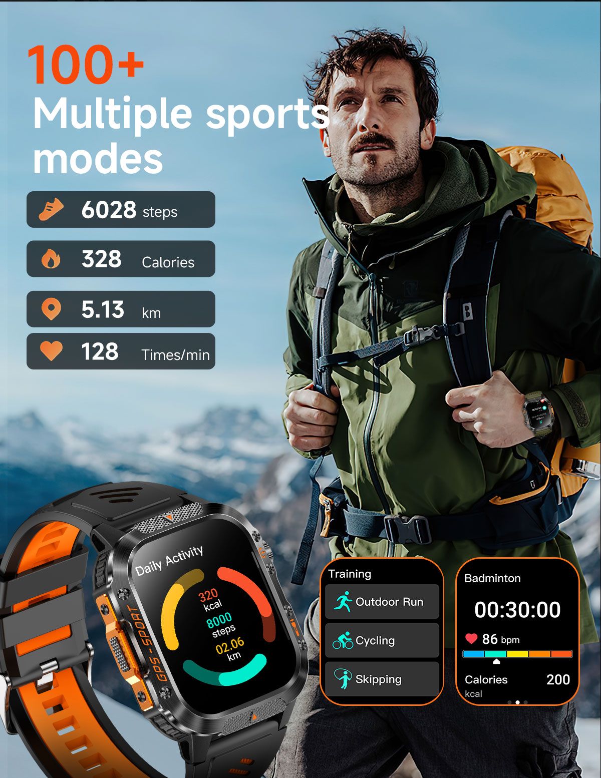 2026 Novas pulseiras inteligentes militares de GPS para ambientes externos, bússola masculina, frequência cardíaca, chamada BT, lanterna LED, Smartwatch à prova d'água 10ATM para natação