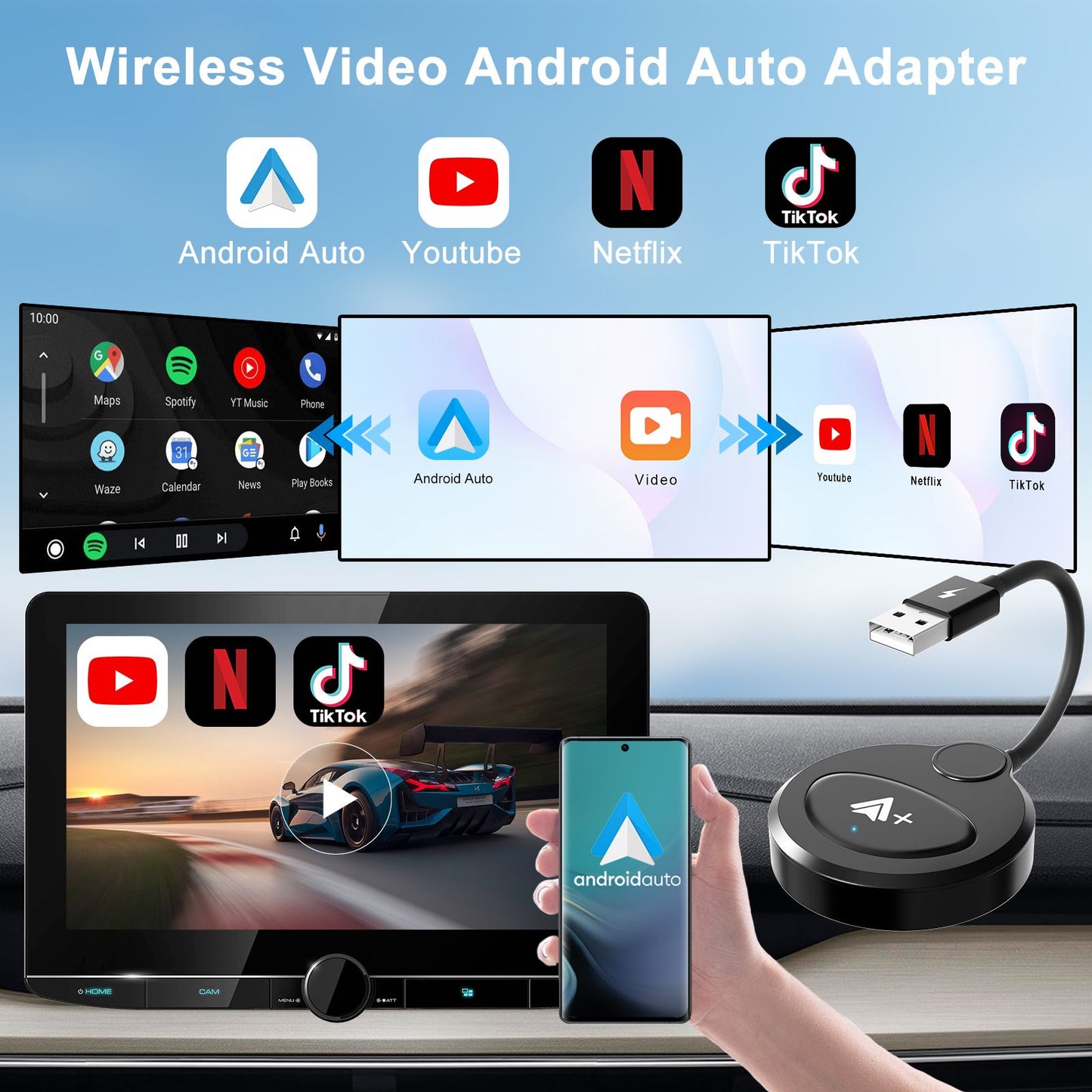 Wireless Android Auto Video Wireless Adapter Carplay with Netflix/YouTube/ TikTok For OEM Wireless Android Cars