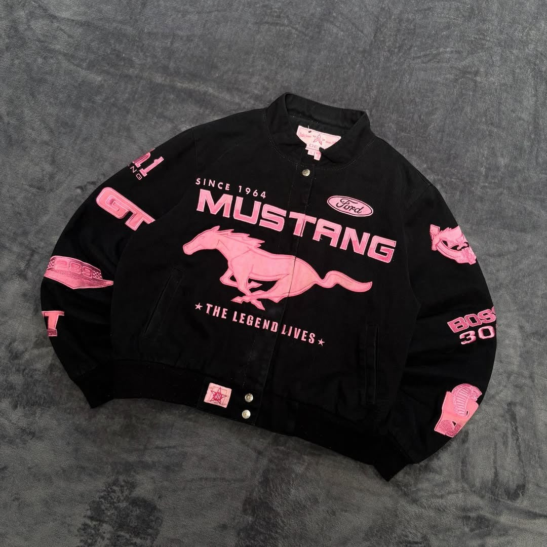 American Popular Simple Pink Horse Pattern Car Jacket for Women's Autumn and Winter Fashion Street Harajuku Y2K Bomber Jacket