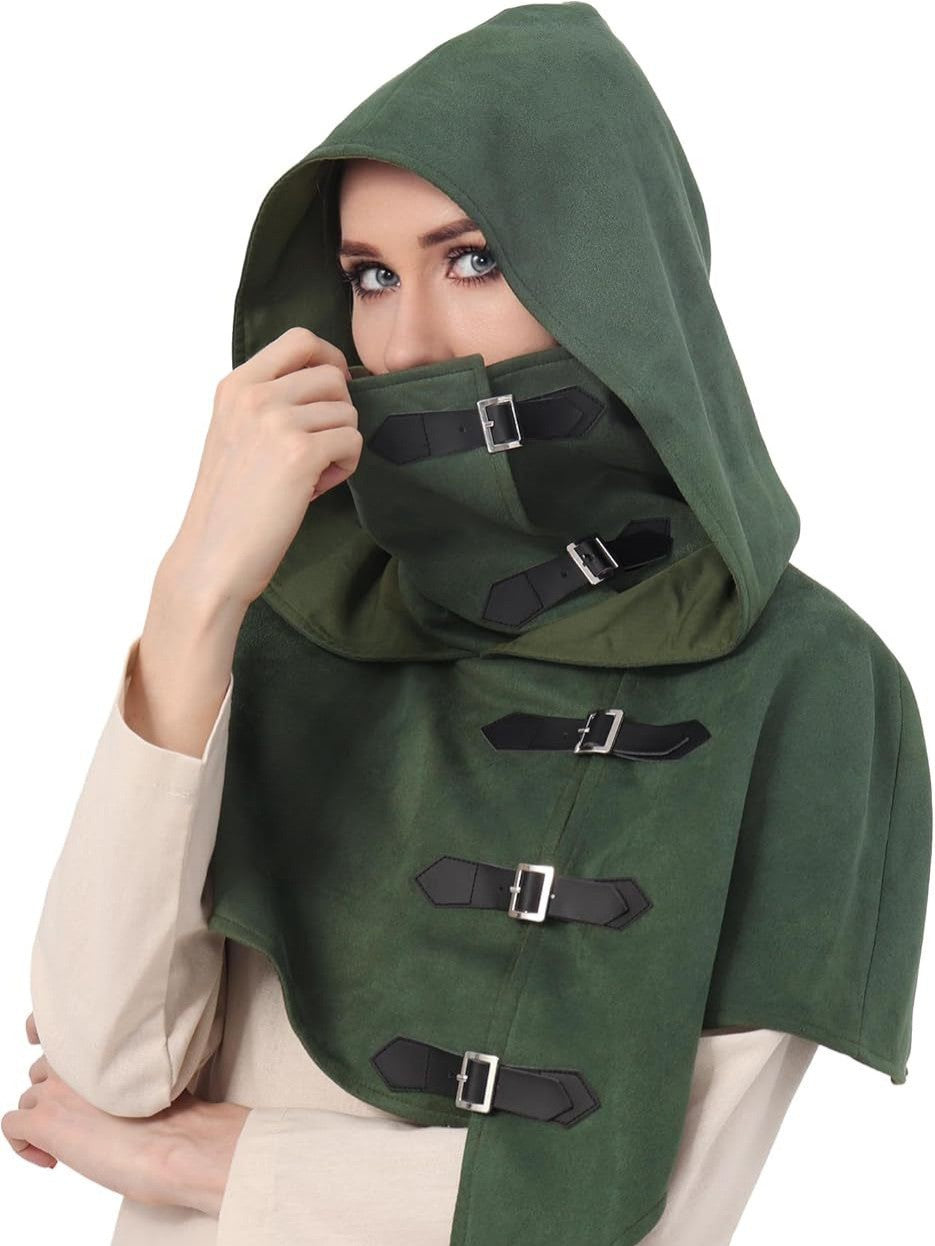 Vintage Medieval Hood Shawl Scarf Set Gothic Assassin Cowl Cape Adult Cosplay Cloak LARP Halloween Carnival Themed Party Outfit