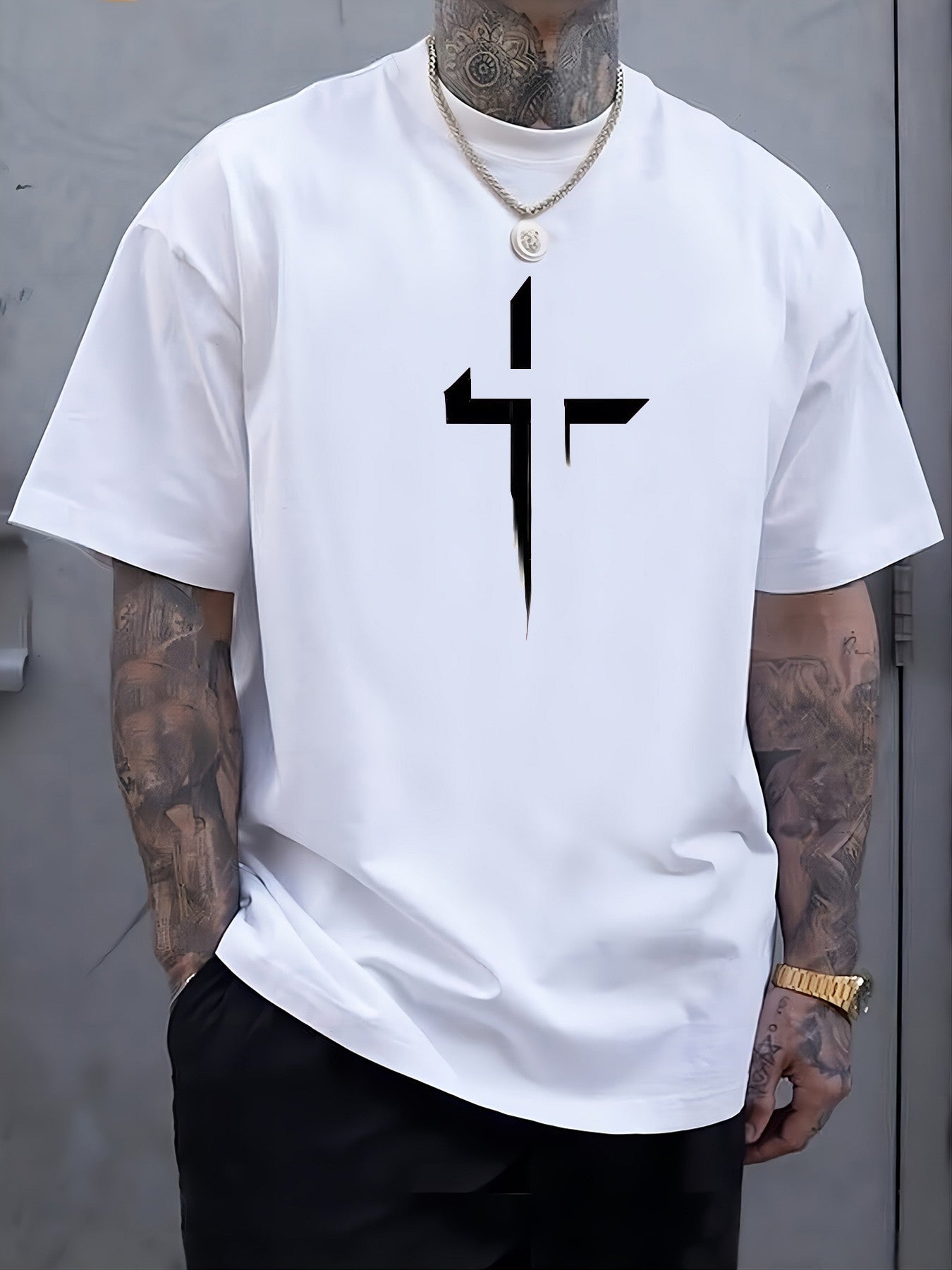 Summer men's 100% pure cotton casual loose plus size Cross Creative printed sports comfortable round neck short sleeved T-shirt