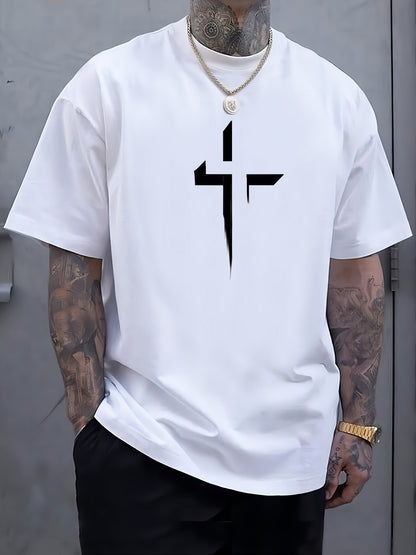 Summer men's 100% pure cotton casual loose plus size Cross Creative printed sports comfortable round neck short sleeved T-shirt