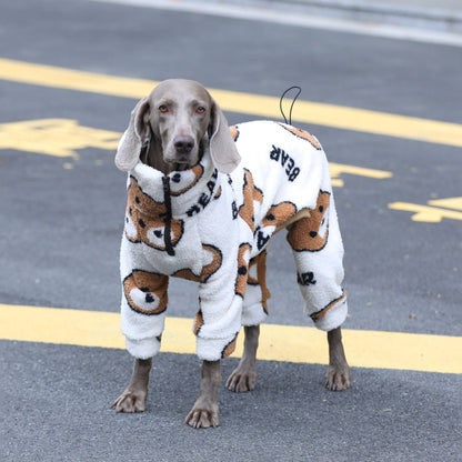 Macacão de 4 patas para cachorros grandes, pijama quente de inverno para raças grandes, suéter macio com estampa de urso, moletom de lã para Husky Labrador