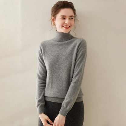 Suéter de Cashmere Feminino Gola Alta Manga Comprida Pulôver de Malha 100% Cashmere Puro Suéter Básico Versão Coreana Top Feminino