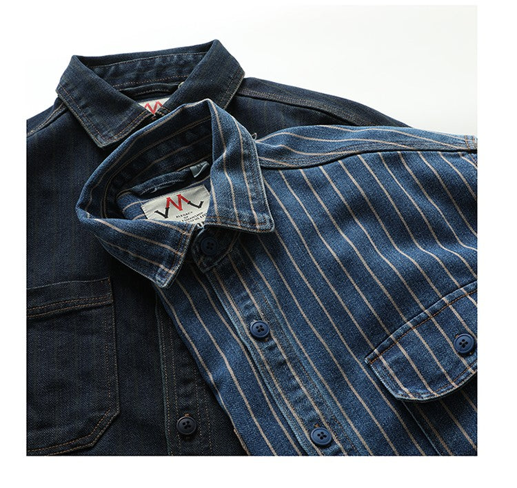 American Retro Workwear Long Sve Denim irt Loose Casual Striped ket irt Youth Trend Autumn Wear Iron Free