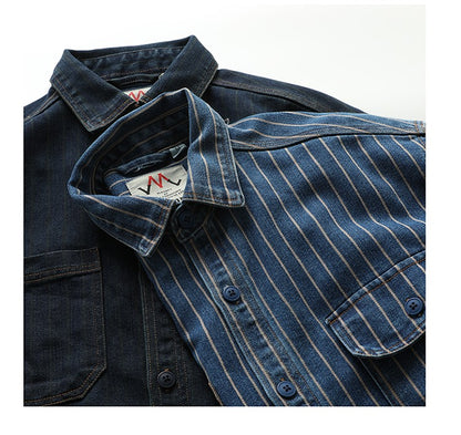 American Retro Workwear Long Sve Denim irt Loose Casual Striped ket irt Youth Trend Autumn Wear Iron Free