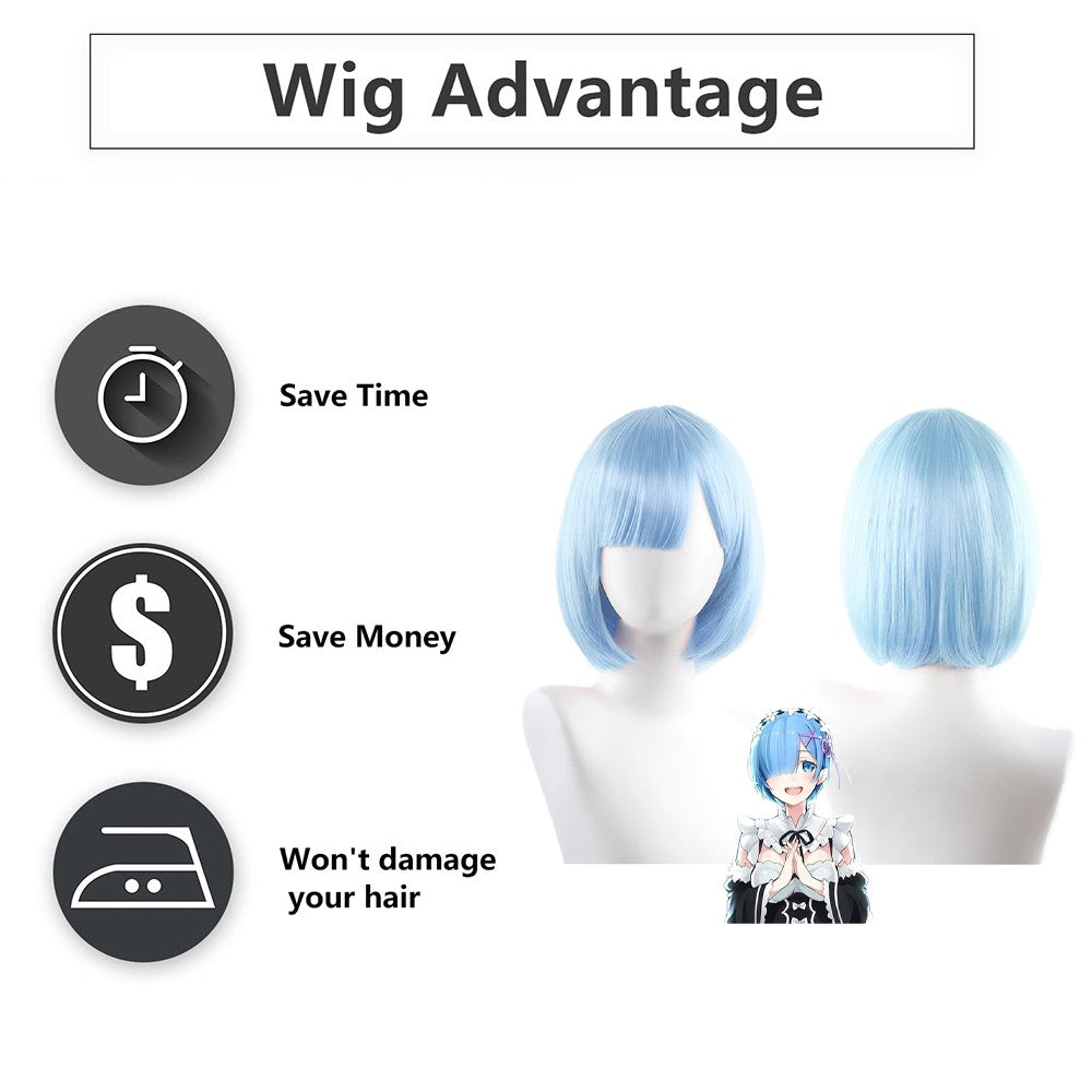 High-Quality Anime Ram Rem Cosplay Synthetic Hair 12-Inch Blue And Pink Short Halloween Daily Party Heat-Resistant Wig Natural