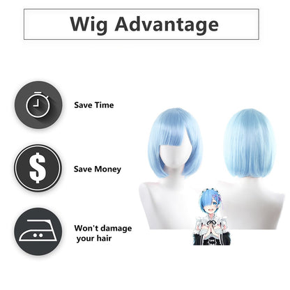 High-Quality Anime Ram Rem Cosplay Synthetic Hair 12-Inch Blue And Pink Short Halloween Daily Party Heat-Resistant Wig Natural