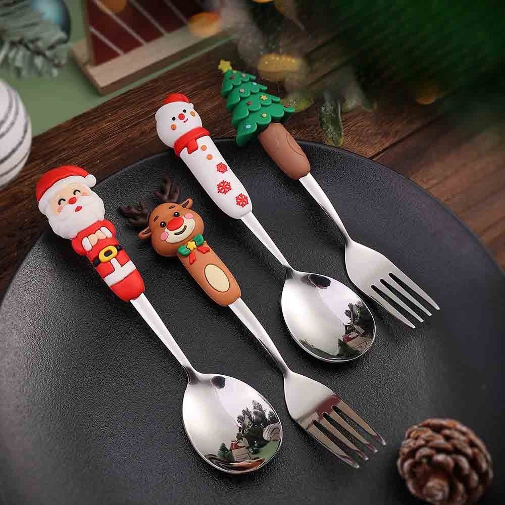 4PCS Christmas Cutlery Set Playful Silver Spoon and Fork Combination Reindeer and Christmas Tree Decorative Cutlery Gift Box