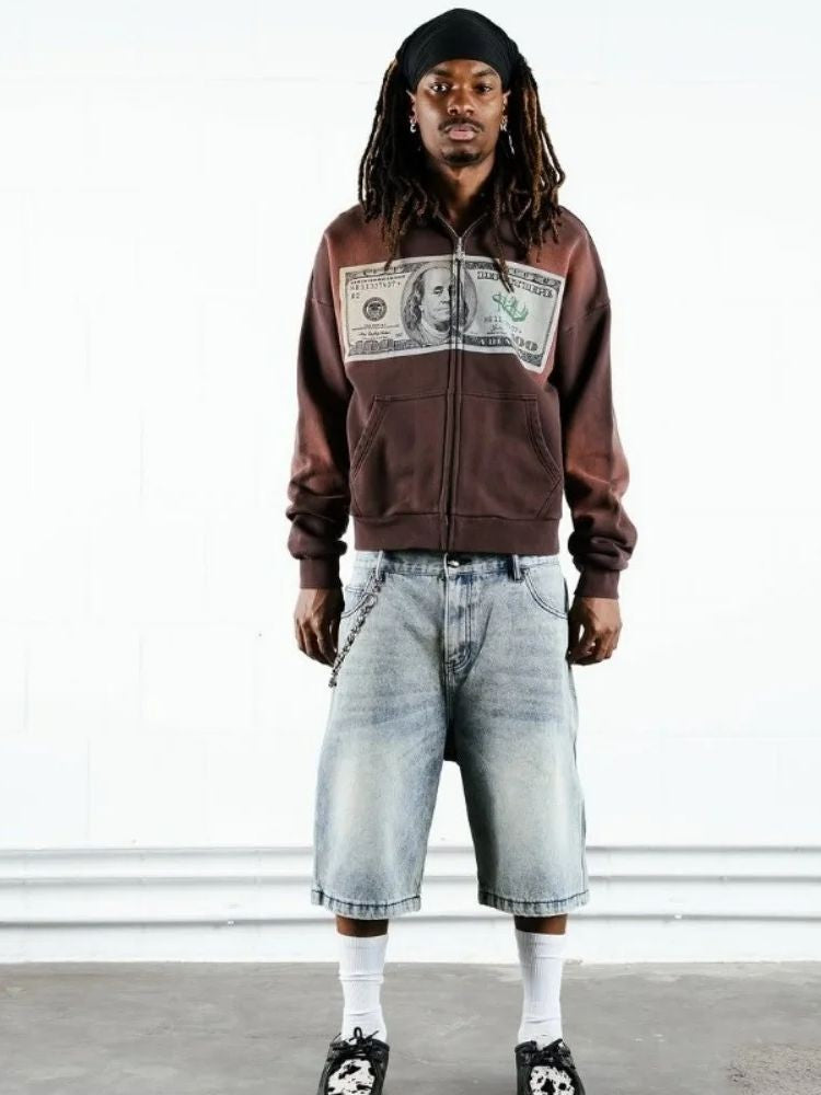 Cross border European and American e-commerce men's printed zipper sweatshirt long sleeved pullover hooded retro jacket street t