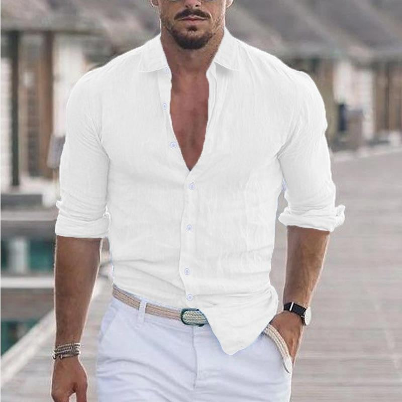 2024 New Men's Shirt Cotton linen Fashion Casual Polo Neck Beach Shirt Long Sleeve Solid Hawaiian Holiday Shirts