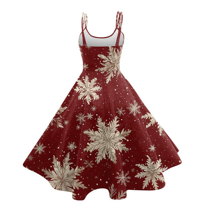 High Quality Cute Women's Casual Fashion Round Neck Christmas Print Mid-Length Dress Pretty Sweet Christmas Suspender Dress