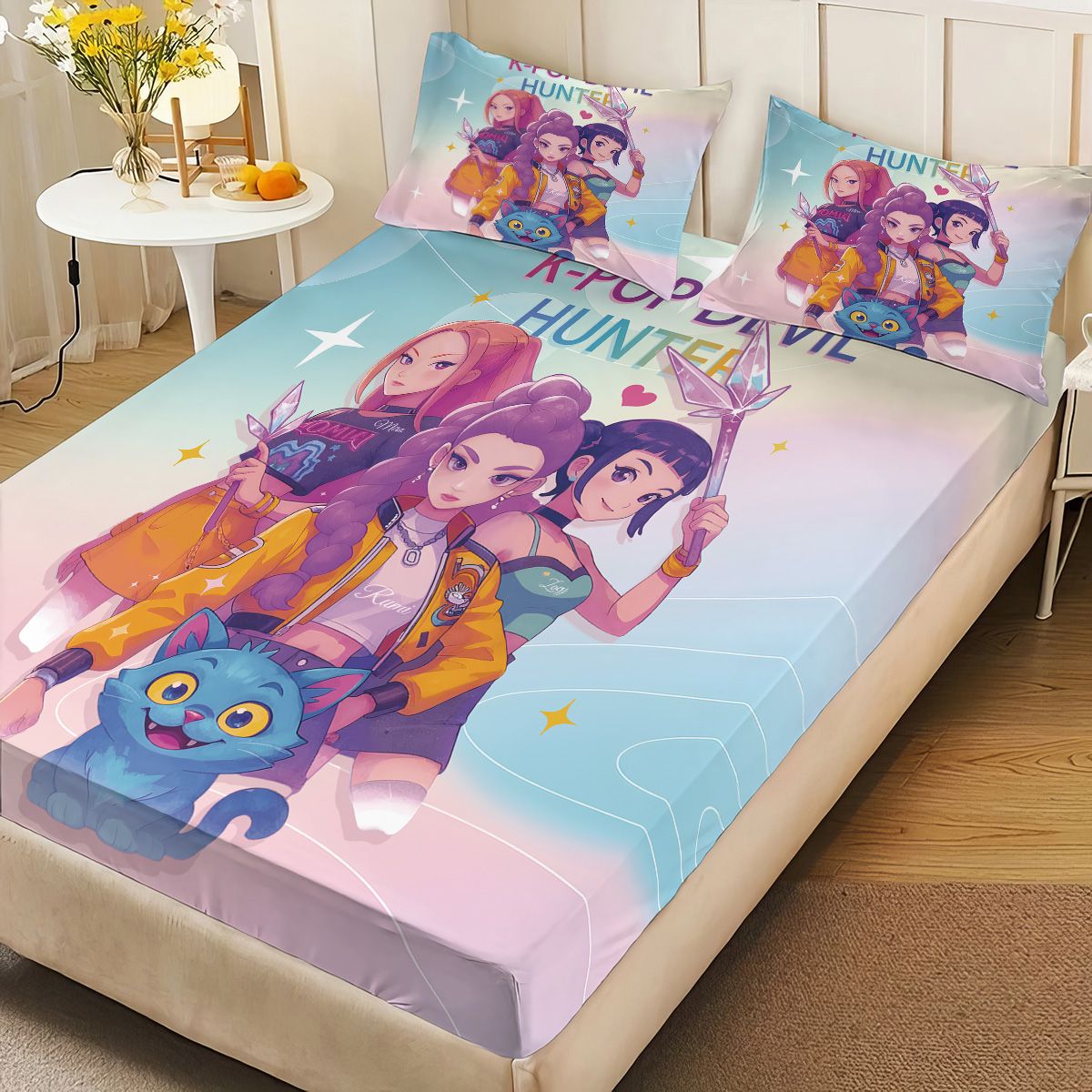 Conjunto de Lençóis Sem Costura K-Pop Demon Hunters Estampado 3 Peças Vários Tamanhos Macio Capa de Cama Roupa de Cama Lavável na Máquina