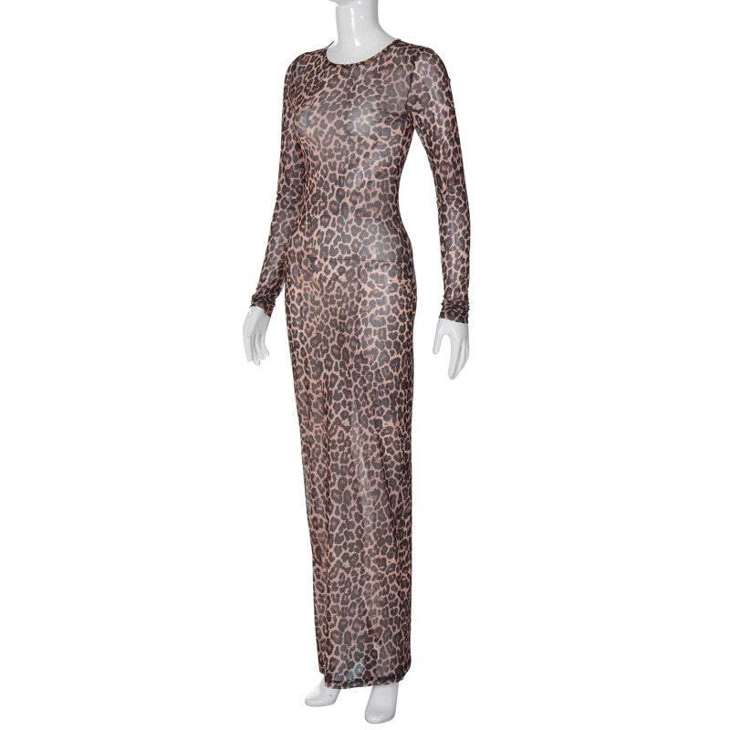 Hugcitar Leopard Print Mesh Long Sleeve Sexy Slim  See Through Maxi Dress Fall W