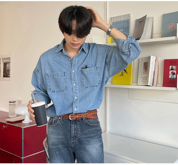 Spring Clothing Men's Denim Long-sleeved Pocket Shirt Casual Korean Turn down Button Streetwear Light Luxury Stylish 2025 New