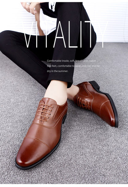 European Style Brown Leather Shoes Man Platform Pointed Toe Men's Dress Shoes Large Size 38-48 Quality Elegant Shoes For Men