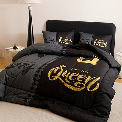 Conjunto de Colcha Grossa Super Macia e Respirável em Preto e Cinza com Letra Coroa (1 Colcha + 2 Fronhas) de 3 Peças