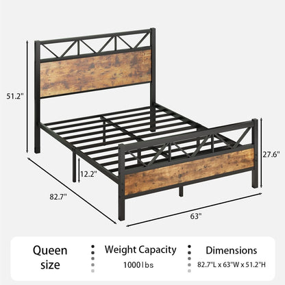 Estrutura de Cama Queen Size, Cabeceira Industrial de 130 cm de Altura, Estrutura de Cama Plataforma Queen com Suporte de Sarrafos de Aço Forte, Ruído F