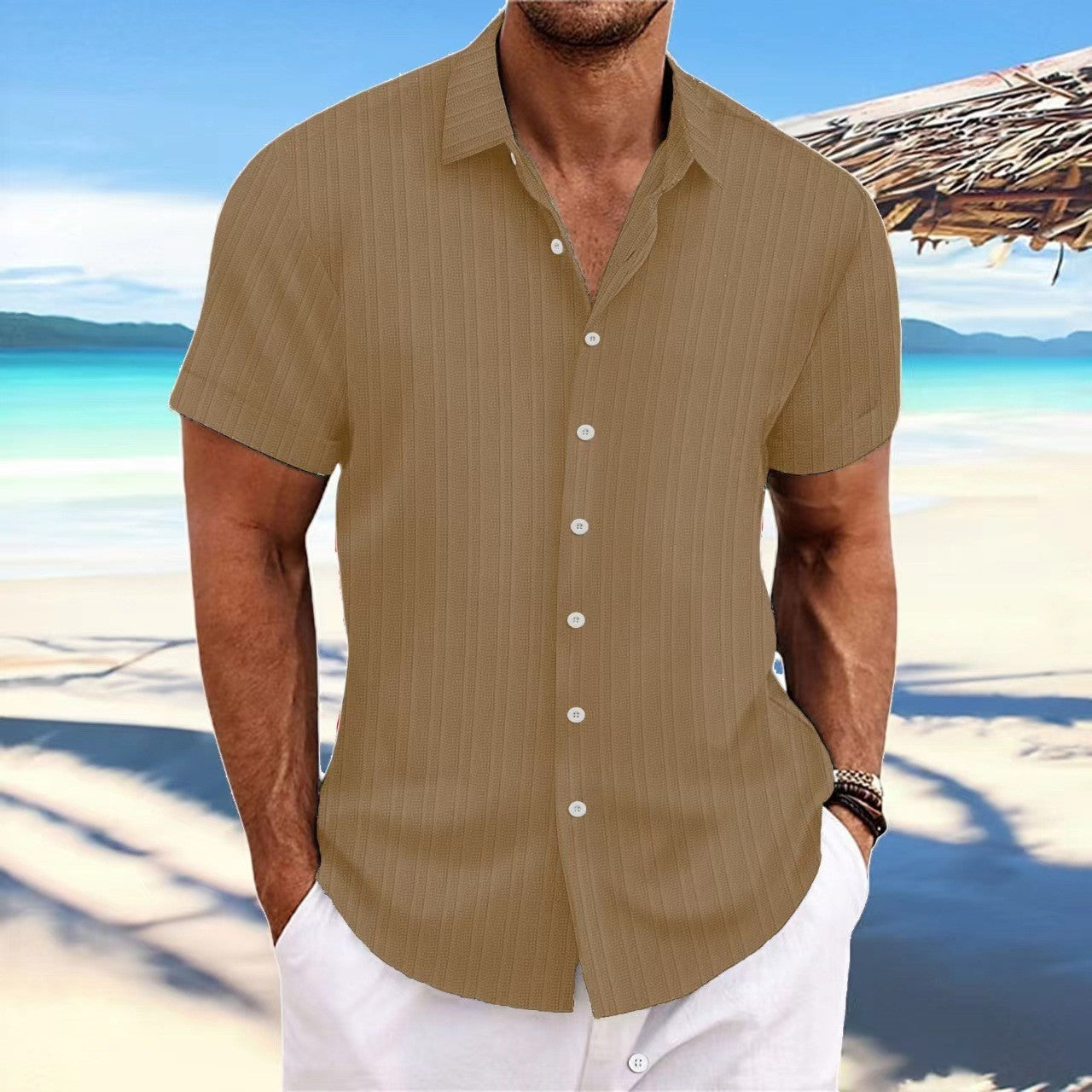 New Men's Cotton and Linen Striped Jacquard Casual Loose Short-sleeved Shirt